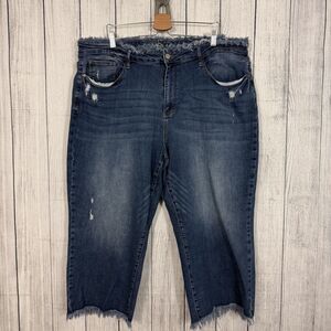 Judy Blue Women's Sz 24W Blue High Rise Raw Hem Frayed Waist Stretch Crop Jeans